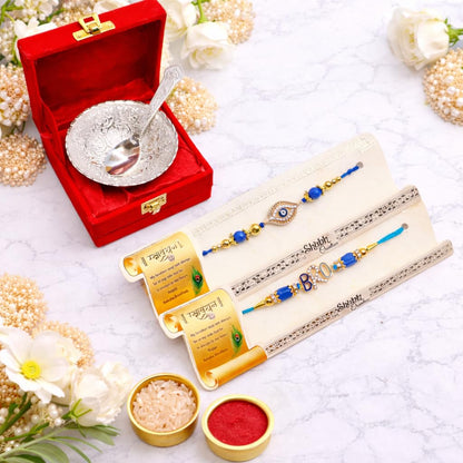 JAIPUR ACE Rakhi Gift Hamper with Silver Plated Bowl Set, Pooja Thali, 2 Designer Rakhis, Roli Chawal, Red Velvet Box - Raksh