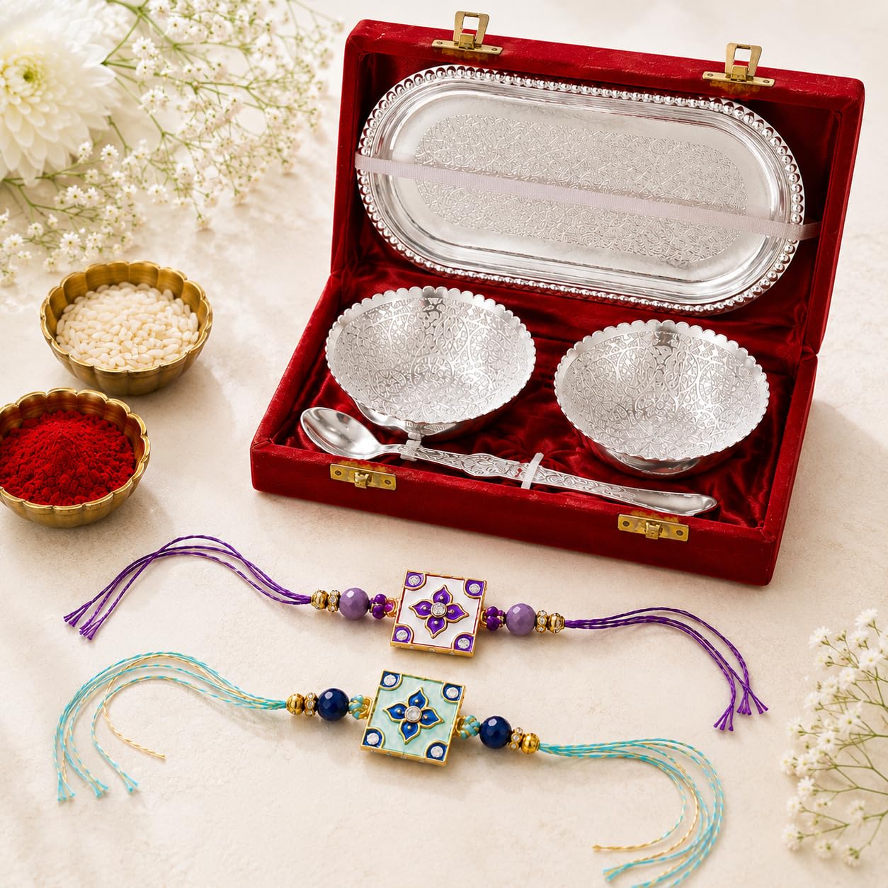 JAIPUR ACE Rakhi Gift Hamper with Silver Plated Bowl Set, Pooja Thali, 2 Designer Rakhis, Roli Chawal, Red Velvet Box - Raksh