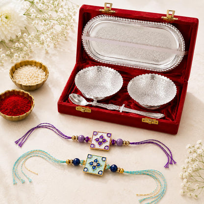 JAIPUR ACE Rakhi Gift Hamper with Silver Plated Bowl Set, Pooja Thali, 2 Designer Rakhis, Roli Chawal, Red Velvet Box - Raksh