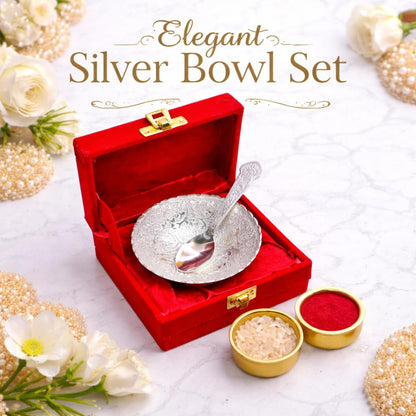 JAIPUR ACE Rakhi Gift Hamper with Silver Plated Bowl Set, Pooja Thali, 2 Designer Rakhis, Roli Chawal, Red Velvet Box - Raksh