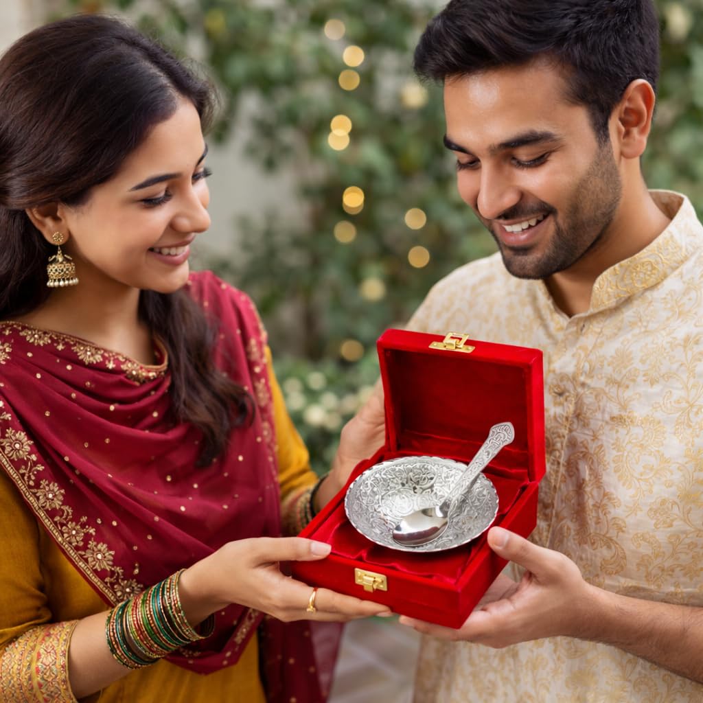JAIPUR ACE Rakhi Gift Hamper with Silver Plated Bowl Set, Pooja Thali, 2 Designer Rakhis, Roli Chawal, Red Velvet Box - Raksh
