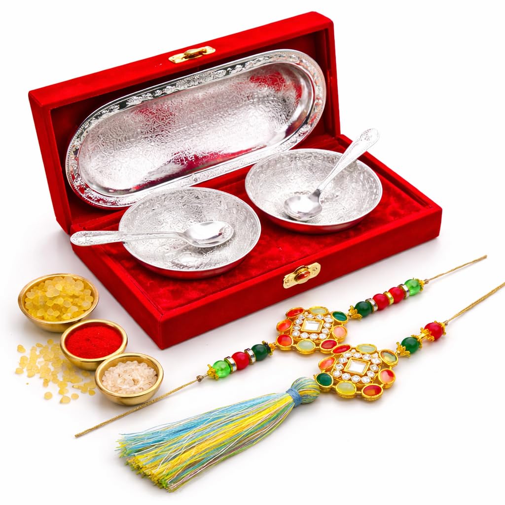 JAIPUR ACE Rakhi Gift Hamper with Silver Plated Bowl Set, Pooja Thali, 2 Designer Rakhis, Roli Chawal, Red Velvet Box - Raksh