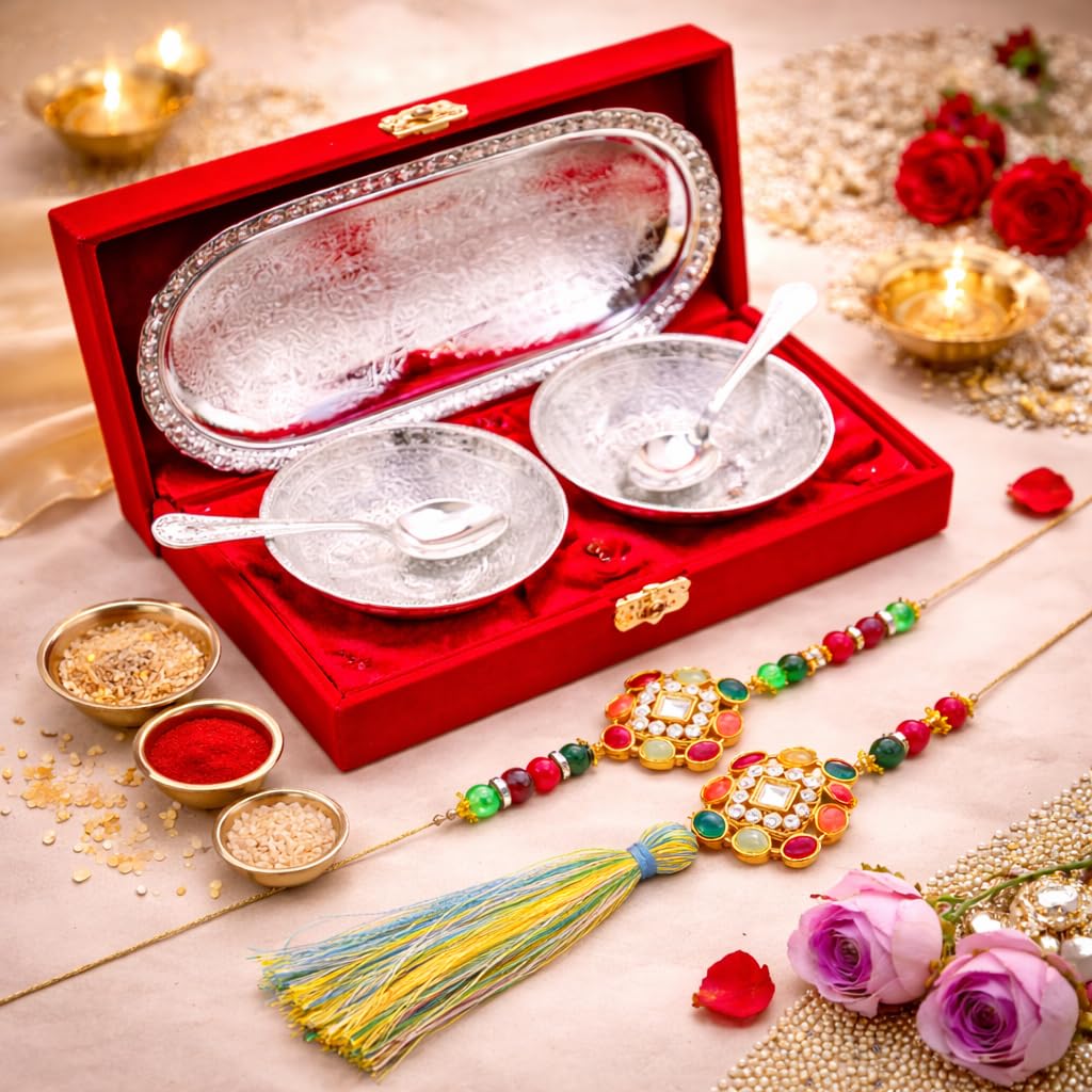 JAIPUR ACE Rakhi Gift Hamper with Silver Plated Bowl Set, Pooja Thali, 2 Designer Rakhis, Roli Chawal, Red Velvet Box - Raksh