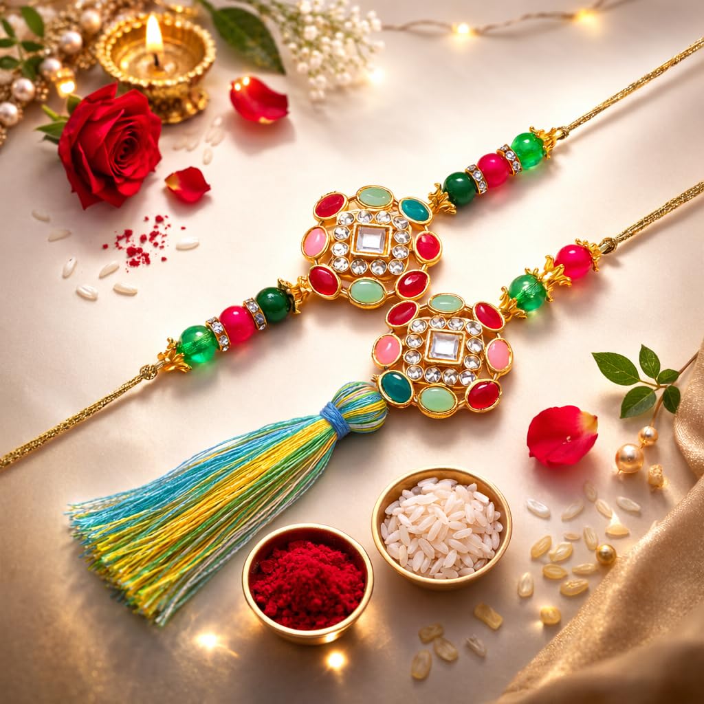 JAIPUR ACE Rakhi Gift Hamper with Silver Plated Bowl Set, Pooja Thali, 2 Designer Rakhis, Roli Chawal, Red Velvet Box - Raksh