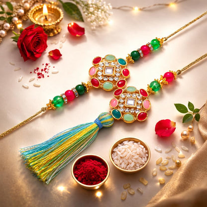 JAIPUR ACE Rakhi Gift Hamper with Silver Plated Bowl Set, Pooja Thali, 2 Designer Rakhis, Roli Chawal, Red Velvet Box - Raksh