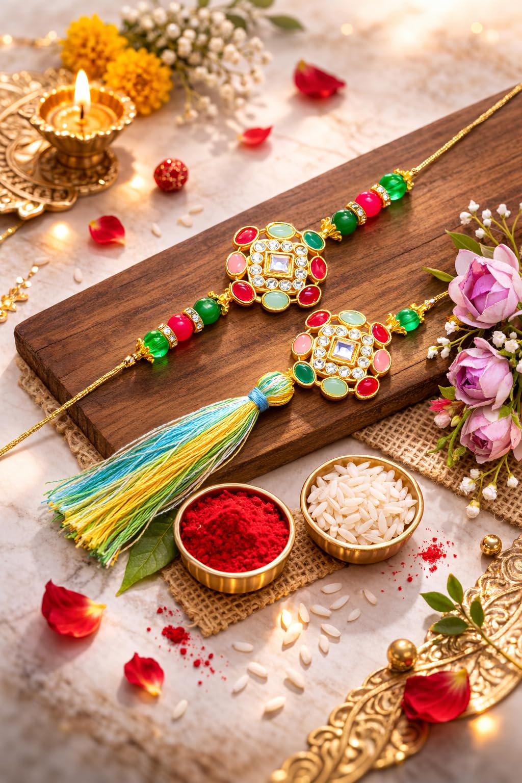 JAIPUR ACE Rakhi Gift Hamper with Silver Plated Bowl Set, Pooja Thali, 2 Designer Rakhis, Roli Chawal, Red Velvet Box - Raksh