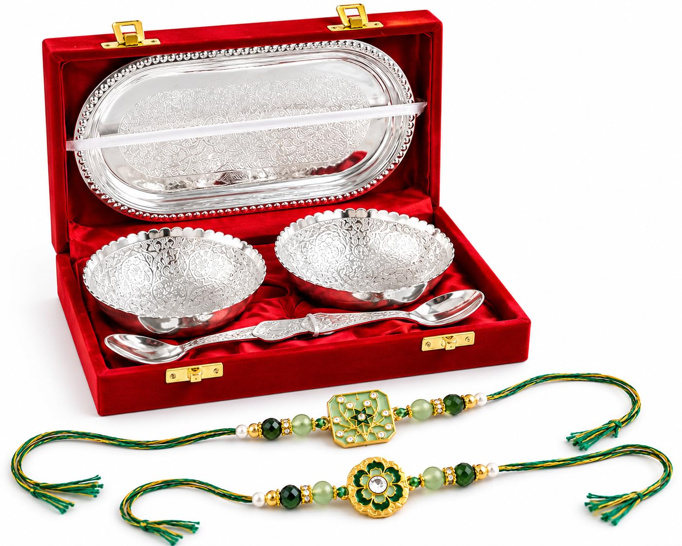 JAIPUR ACE Rakhi Gift Hamper with Silver Plated Bowl Set, Pooja Thali, 2 Designer Rakhis, Roli Chawal, Red Velvet Box - Raksh