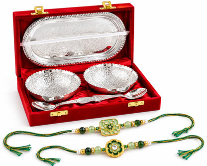 JAIPUR ACE Rakhi Gift Hamper with Silver Plated Bowl Set, Pooja Thali, 2 Designer Rakhis, Roli Chawal, Red Velvet Box - Raksh