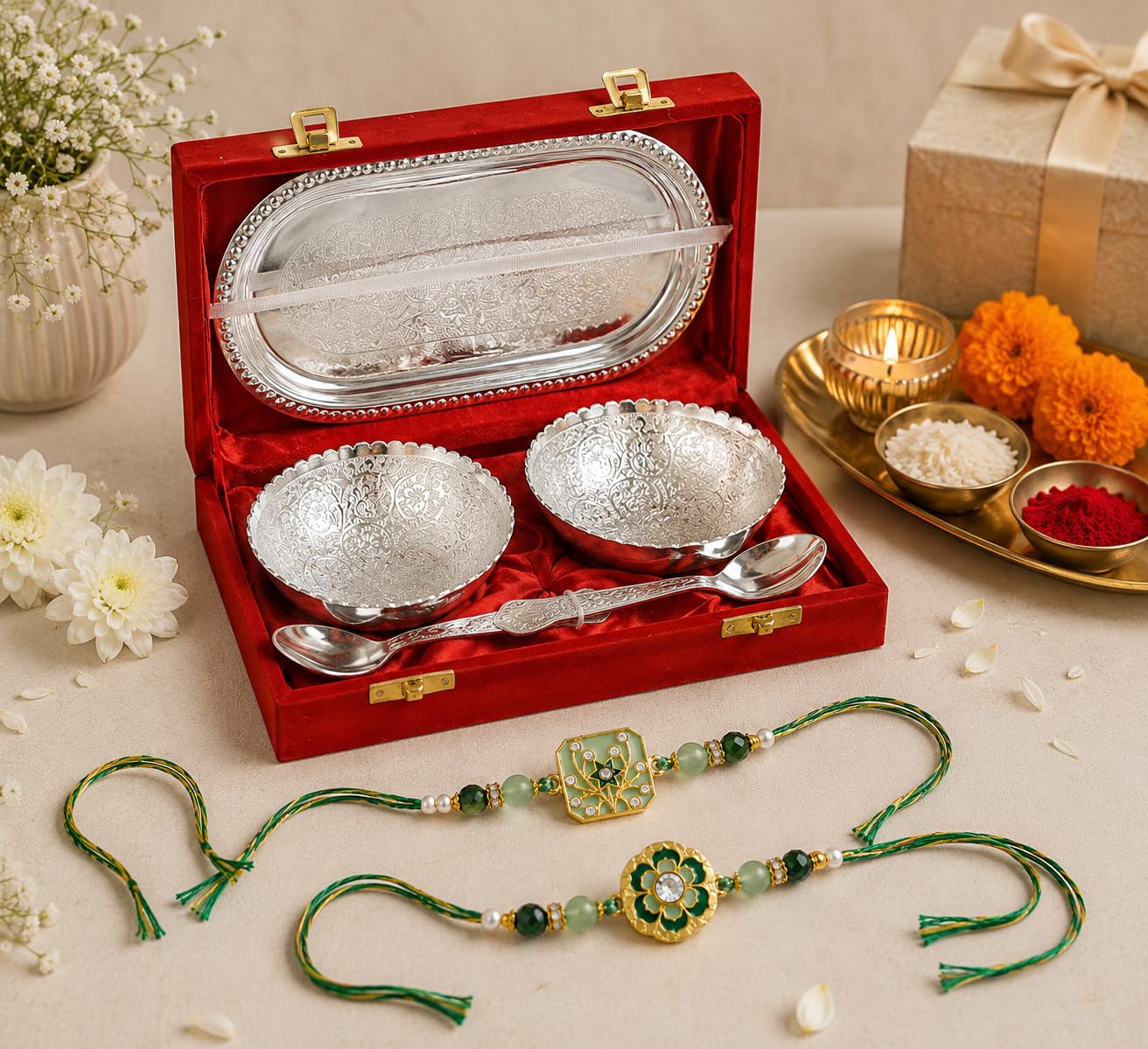 JAIPUR ACE Rakhi Gift Hamper with Silver Plated Bowl Set, Pooja Thali, 2 Designer Rakhis, Roli Chawal, Red Velvet Box - Raksh