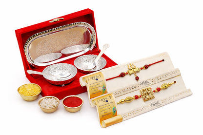 JAIPUR ACE Rakhi Gift Hamper with Silver Plated Bowl Set, Pooja Thali, 2 Designer Rakhis, Roli Chawal, Red Velvet Box - Raksh