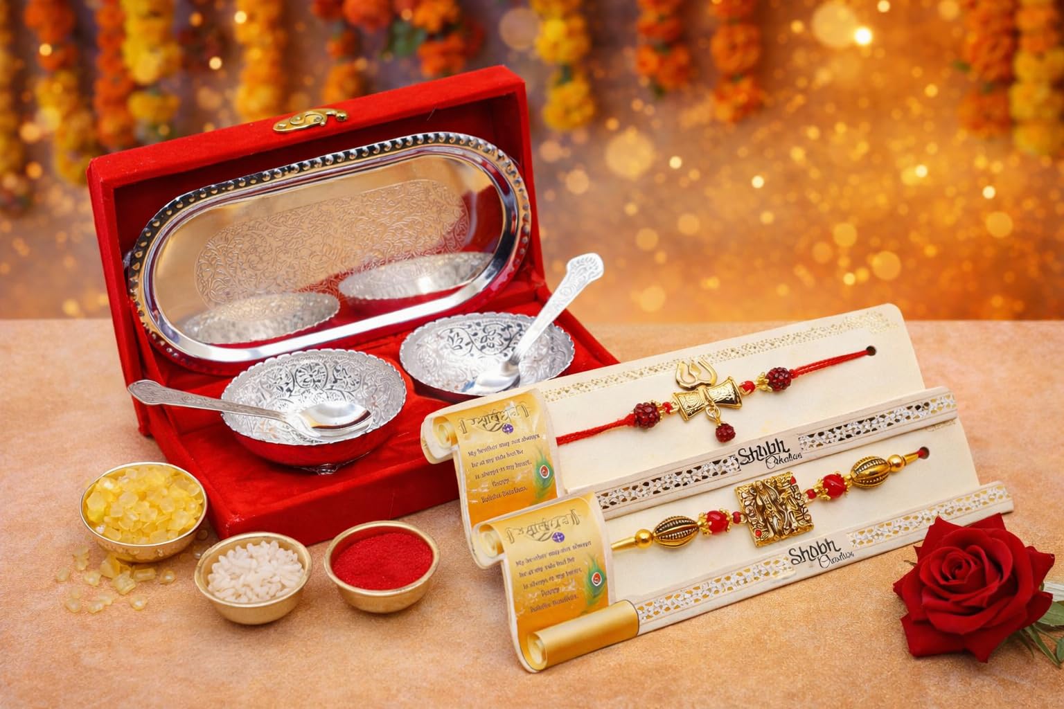 JAIPUR ACE Rakhi Gift Hamper with Silver Plated Bowl Set, Pooja Thali, 2 Designer Rakhis, Roli Chawal, Red Velvet Box - Raksh