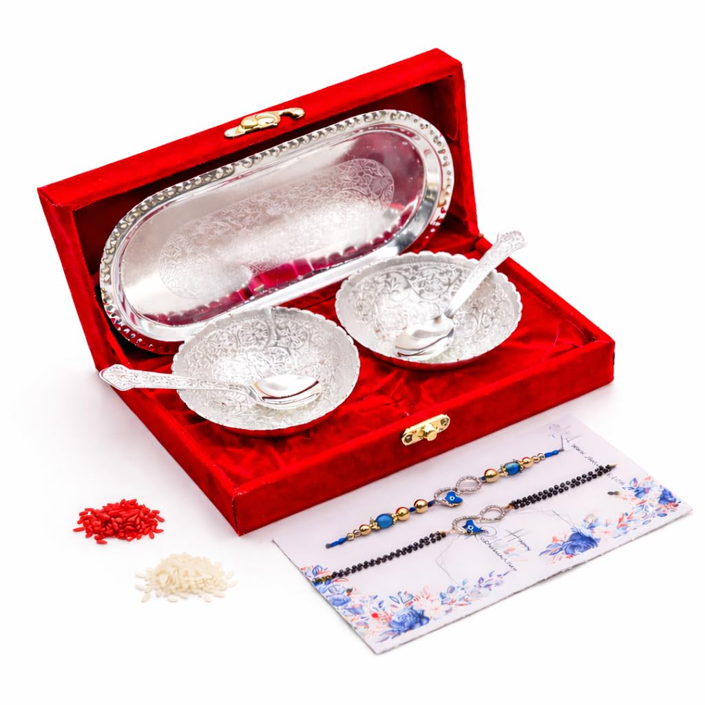 JAIPUR ACE Rakhi Gift Hamper with Silver Plated Bowl Set, Pooja Thali, 2 Designer Rakhis, Roli Chawal, Red Velvet Box - Raksh