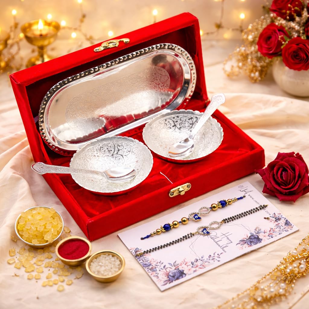 JAIPUR ACE Rakhi Gift Hamper with Silver Plated Bowl Set, Pooja Thali, 2 Designer Rakhis, Roli Chawal, Red Velvet Box - Raksh
