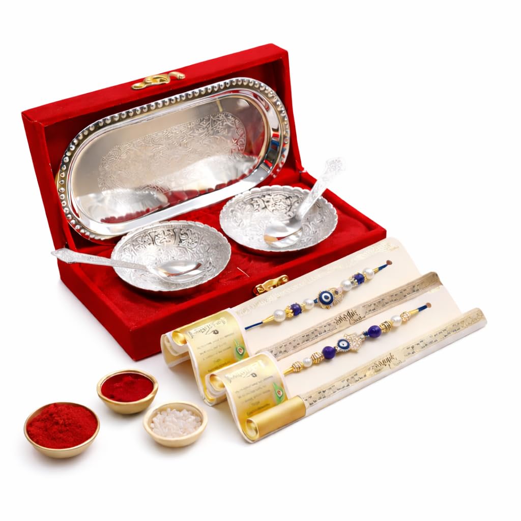 JAIPUR ACE Rakhi Gift Hamper with Silver Plated Bowl Set, Pooja Thali, 2 Designer Rakhis, Roli Chawal, Red Velvet Box - Raksh