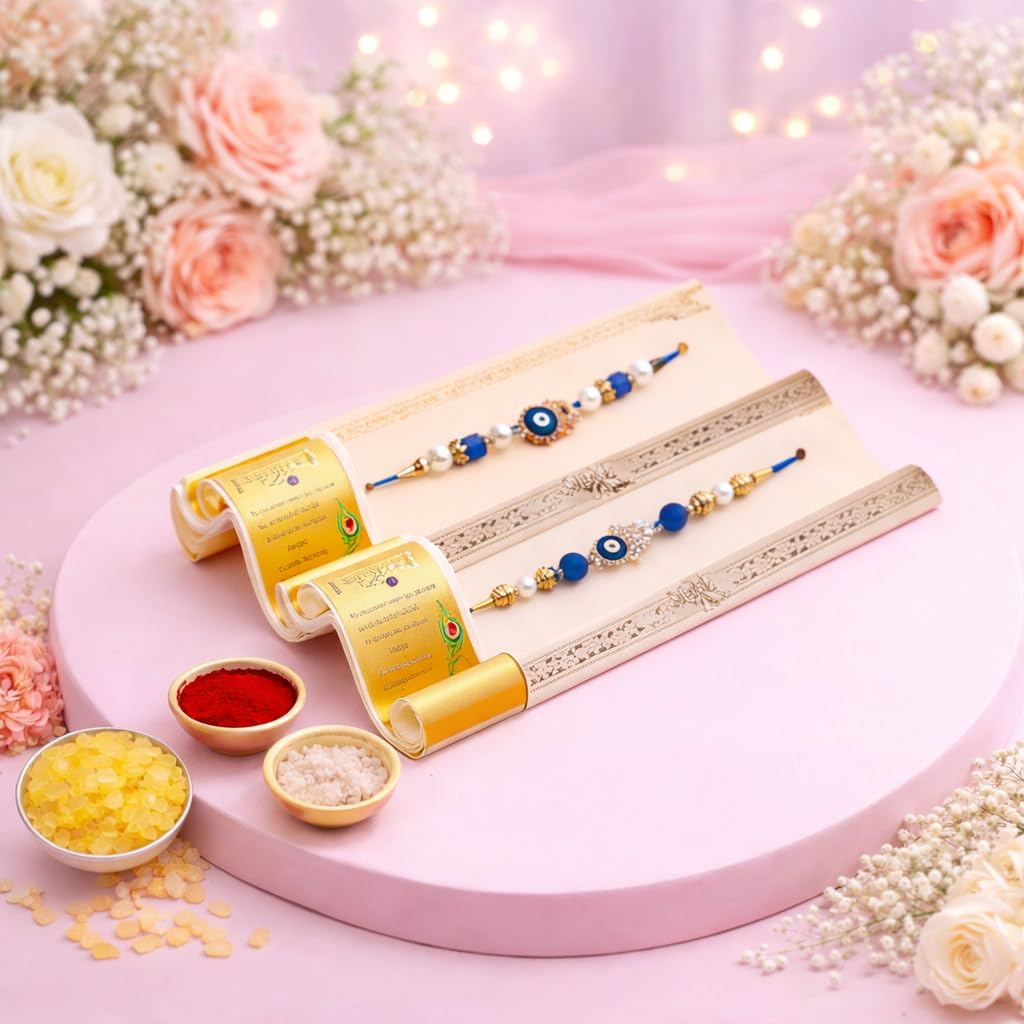 JAIPUR ACE Rakhi Gift Hamper with Silver Plated Bowl Set, Pooja Thali, 2 Designer Rakhis, Roli Chawal, Red Velvet Box - Raksh