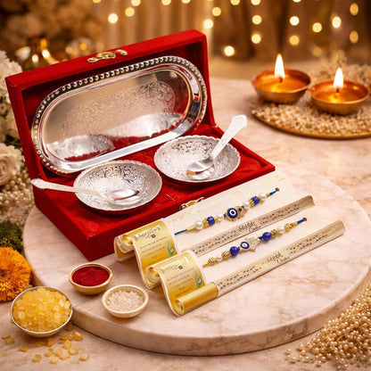 JAIPUR ACE Rakhi Gift Hamper with Silver Plated Bowl Set, Pooja Thali, 2 Designer Rakhis, Roli Chawal, Red Velvet Box - Raksh