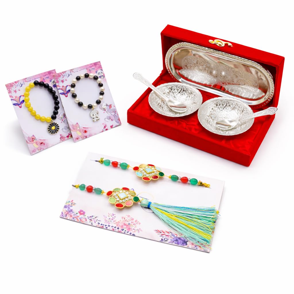 JAIPUR ACE Rakhi Gift Hamper with Silver Plated Bowl Set, Pooja Thali, 2 Designer Rakhis, Roli Chawal, Red Velvet Box - Raksh