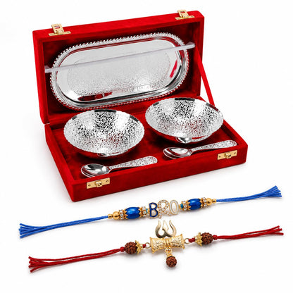 JAIPUR ACE Rakhi Gift Hamper with Silver Plated Bowl Set, Pooja Thali, 2 Designer Rakhis, Roli Chawal, Red Velvet Box - Raksh