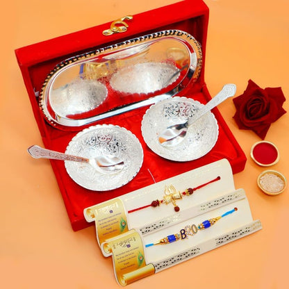 JAIPUR ACE Rakhi Gift Hamper with Silver Plated Bowl Set, Pooja Thali, 2 Designer Rakhis, Roli Chawal, Red Velvet Box - Raksh