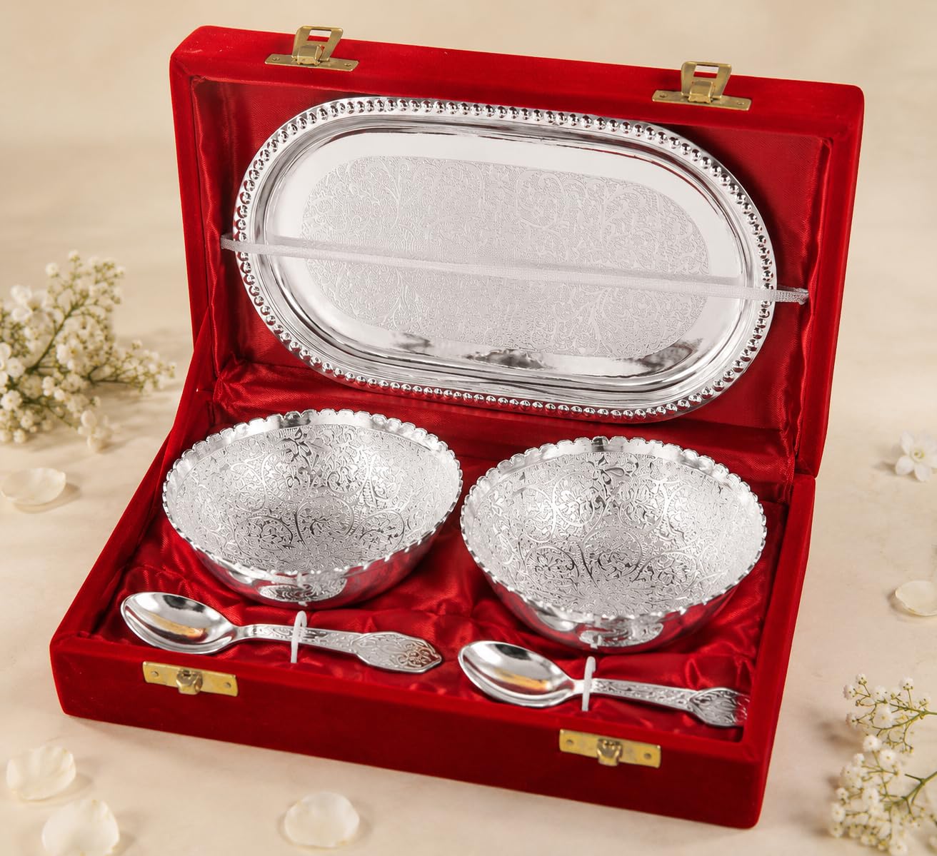 JAIPUR ACE Rakhi Gift Hamper with Silver Plated Bowl Set, Pooja Thali, 2 Designer Rakhis, Roli Chawal, Red Velvet Box - Raksh