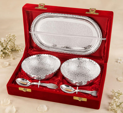 JAIPUR ACE Rakhi Gift Hamper with Silver Plated Bowl Set, Pooja Thali, 2 Designer Rakhis, Roli Chawal, Red Velvet Box - Raksh