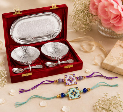 JAIPUR ACE Rakhi Gift Hamper with Silver Plated Bowl Set, Pooja Thali, 2 Designer Rakhis, Roli Chawal, Red Velvet Box - Raksh