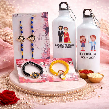 JAIPUR ACE Raksha Bandhan Gift Combo with 2 Kids Printed Water Bottles and 2 Rakhi Set Om Evil Eye and Shiva Rudraksha Rakhi 