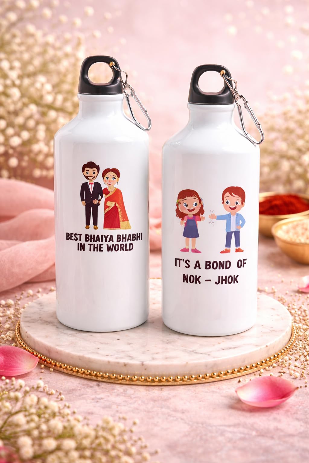 JAIPUR ACE Raksha Bandhan Gift Combo with 2 Kids Printed Water Bottles and 2 Rakhi Set Om Evil Eye and Shiva Rudraksha Rakhi 