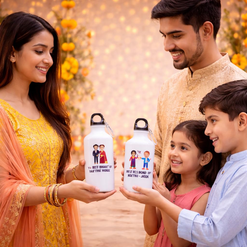 JAIPUR ACE Raksha Bandhan Gift Combo with 2 Kids Printed Water Bottles and 2 Rakhi Set Om Evil Eye and Shiva Rudraksha Rakhi 