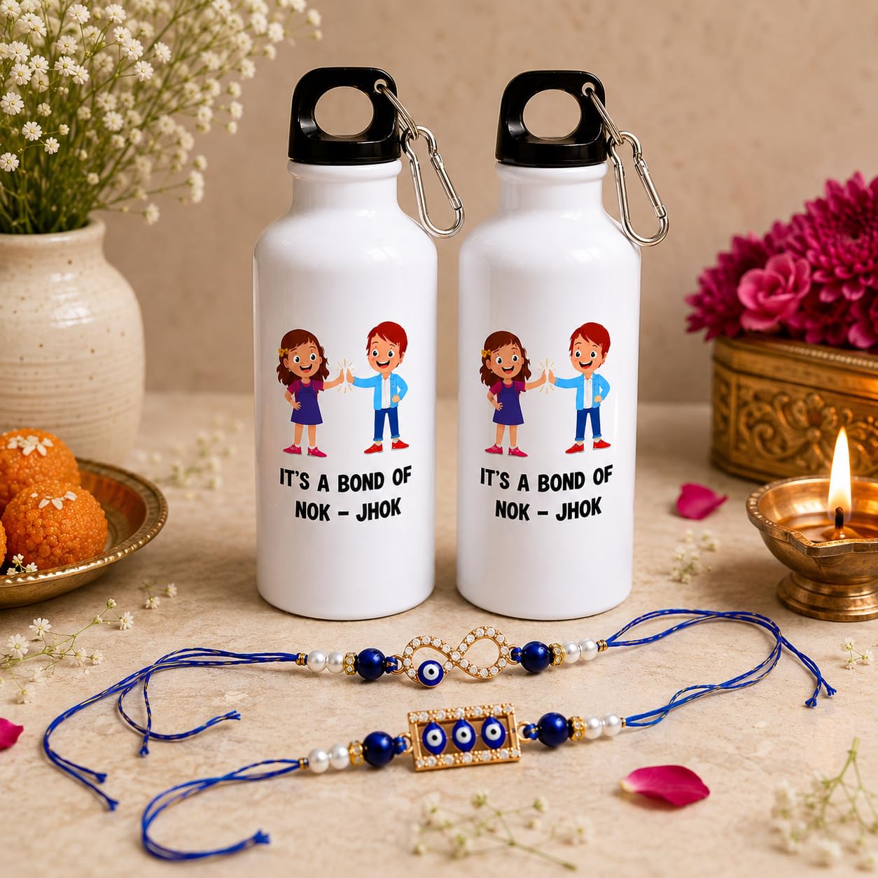 JAIPUR ACE Raksha Bandhan Gift Combo with 2 Kids Printed Water Bottles and 2 Rakhi Set Om Evil Eye and Shiva Rudraksha Rakhi 