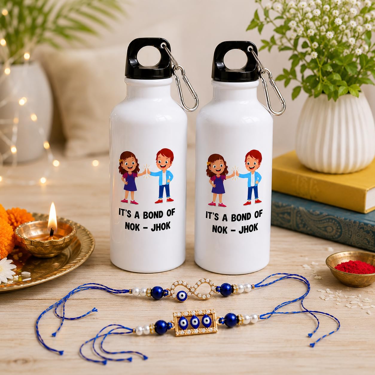 JAIPUR ACE Raksha Bandhan Gift Combo with 2 Kids Printed Water Bottles and 2 Rakhi Set Om Evil Eye and Shiva Rudraksha Rakhi 