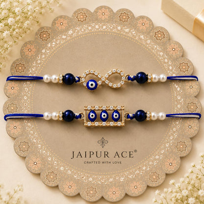 JAIPUR ACE Raksha Bandhan Gift Combo with 2 Kids Printed Water Bottles and 2 Rakhi Set Om Evil Eye and Shiva Rudraksha Rakhi 