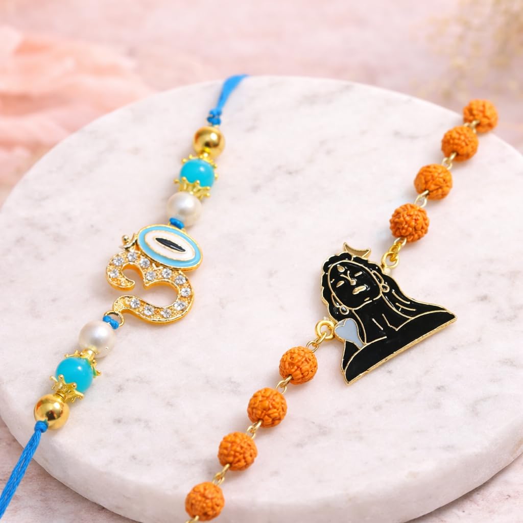 JAIPUR ACE Raksha Bandhan Gift Combo with 2 Kids Printed Water Bottles and 2 Rakhi Set Om Evil Eye and Shiva Rudraksha Rakhi 