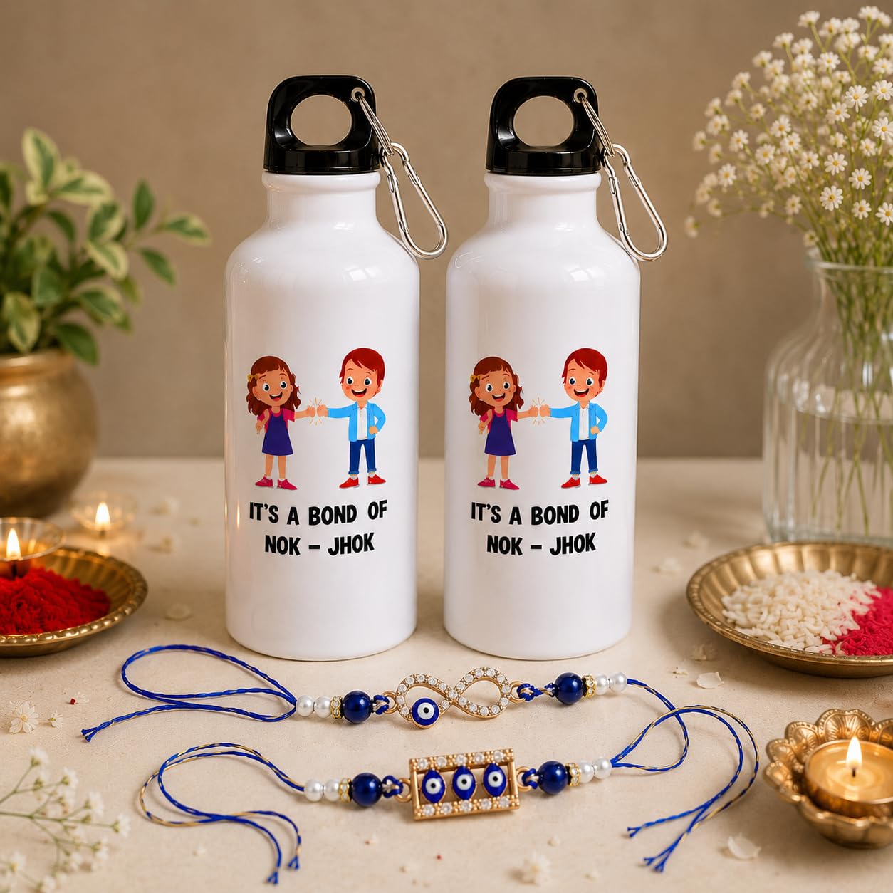 JAIPUR ACE Raksha Bandhan Gift Combo with 2 Kids Printed Water Bottles and 2 Rakhi Set Om Evil Eye and Shiva Rudraksha Rakhi 