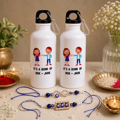 JAIPUR ACE Raksha Bandhan Gift Combo with 2 Kids Printed Water Bottles and 2 Rakhi Set Om Evil Eye and Shiva Rudraksha Rakhi 