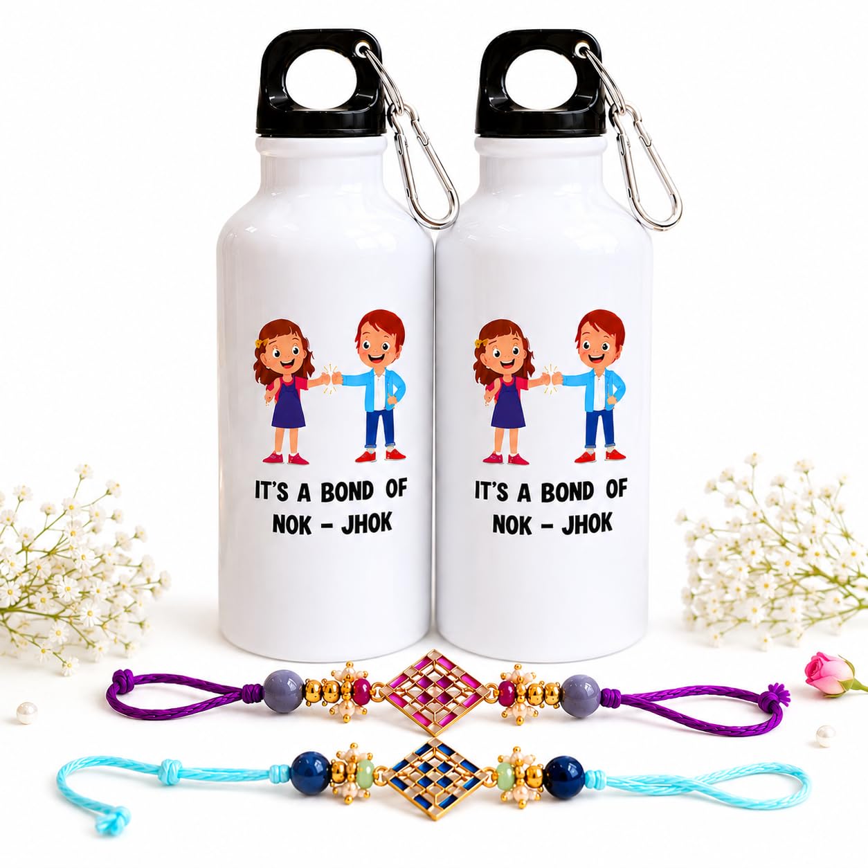 JAIPUR ACE Raksha Bandhan Gift Combo with 2 Kids Printed Water Bottles and 2 Rakhi Set Om Evil Eye and Shiva Rudraksha Rakhi 