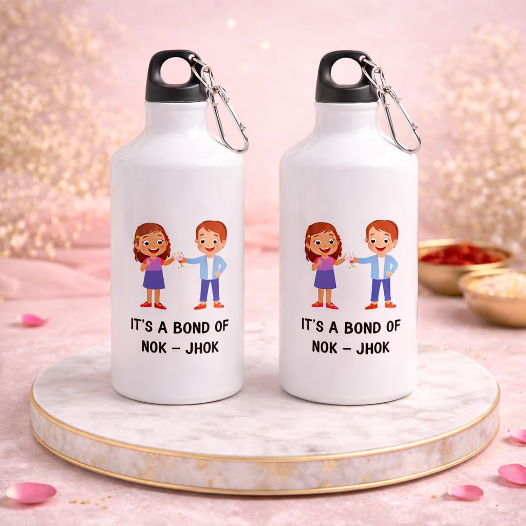 JAIPUR ACE Raksha Bandhan Gift Combo with 2 Kids Printed Water Bottles and 2 Rakhi Set Om Evil Eye and Shiva Rudraksha Rakhi 