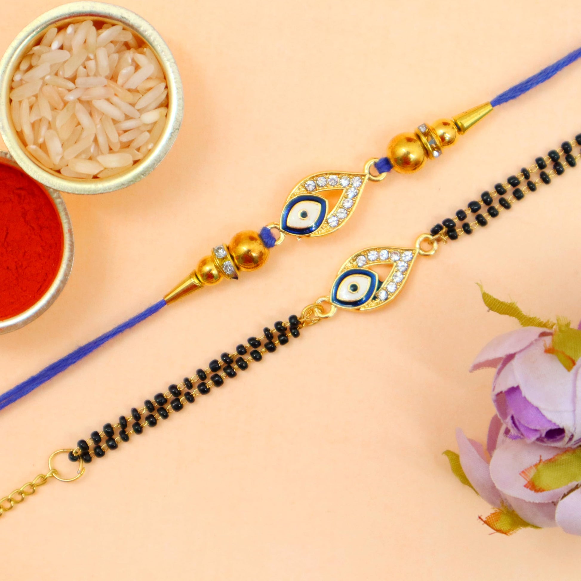 JAIPUR ACE Raksha Bandhan Gift Combo with 2 Kids Printed Water Bottles and 2 Rakhi Set Om Evil Eye and Shiva Rudraksha Rakhi 