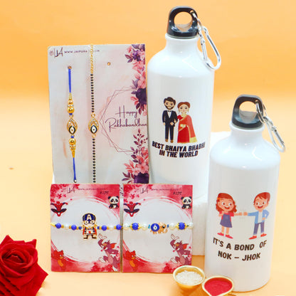 JAIPUR ACE Raksha Bandhan Gift Combo with 2 Kids Printed Water Bottles and 2 Rakhi Set Om Evil Eye and Shiva Rudraksha Rakhi 
