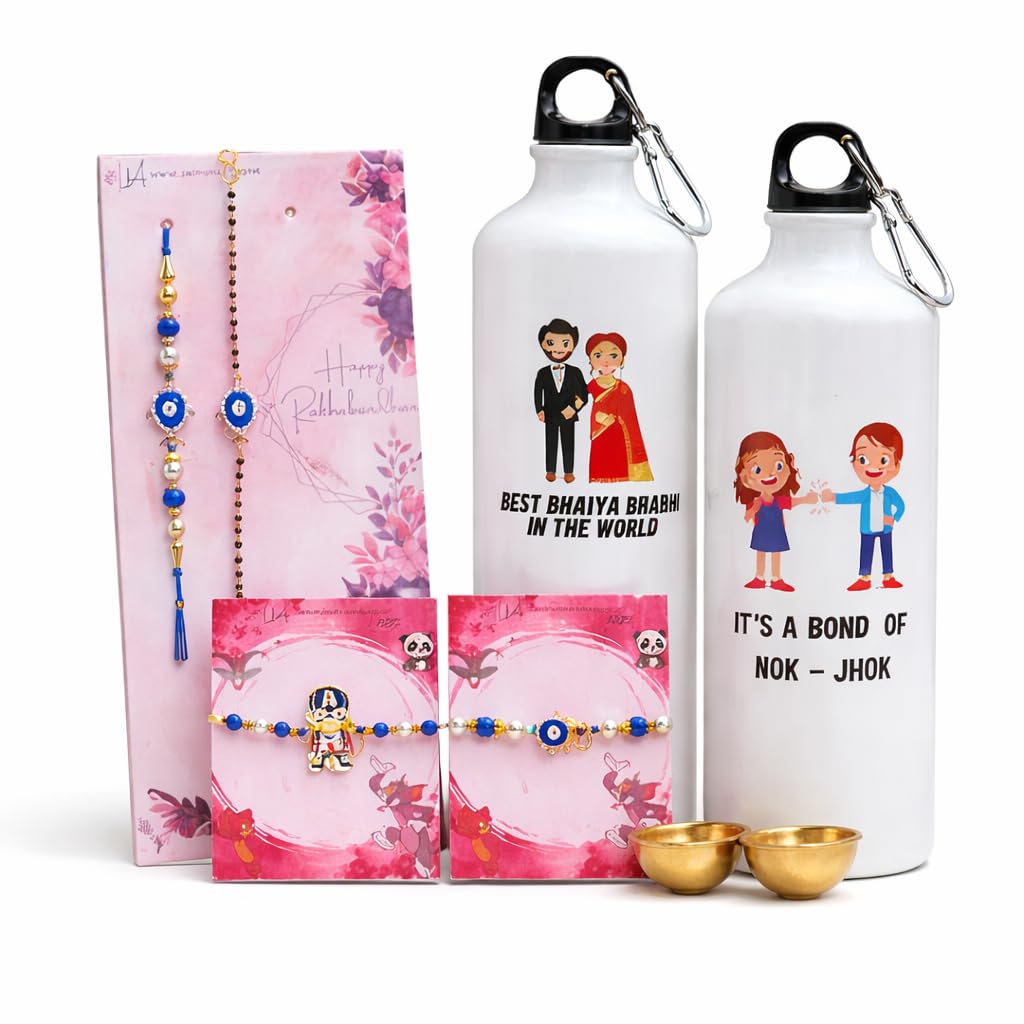 JAIPUR ACE Raksha Bandhan Gift Combo with 2 Kids Printed Water Bottles and 2 Rakhi Set Om Evil Eye and Shiva Rudraksha Rakhi 