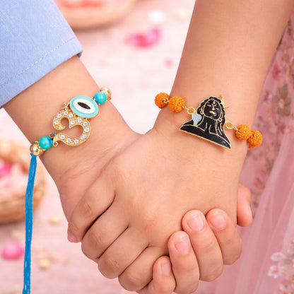 JAIPUR ACE Raksha Bandhan Gift Combo with 2 Kids Printed Water Bottles and 2 Rakhi Set Om Evil Eye and Shiva Rudraksha Rakhi 