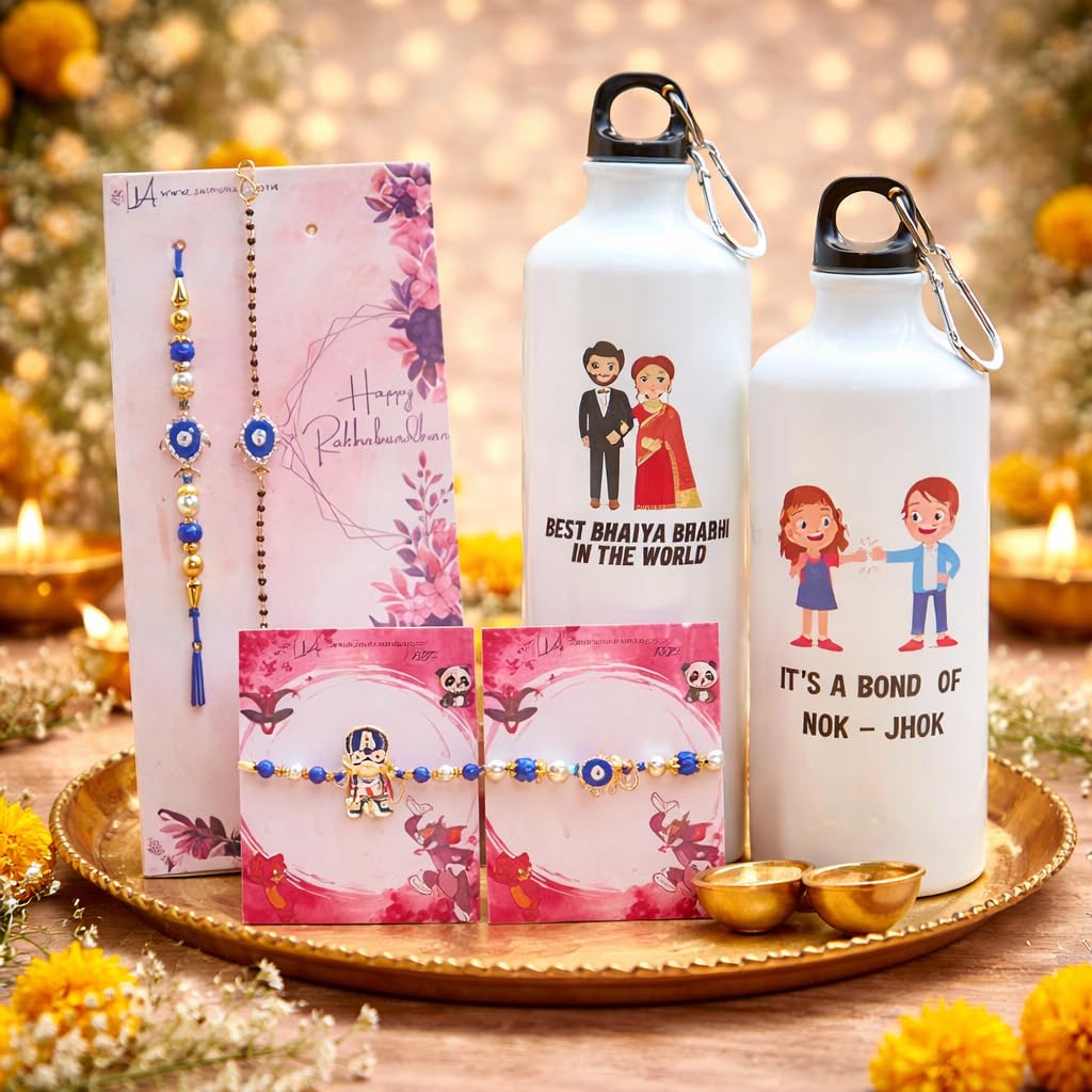 JAIPUR ACE Raksha Bandhan Gift Combo with 2 Kids Printed Water Bottles and 2 Rakhi Set Om Evil Eye and Shiva Rudraksha Rakhi 