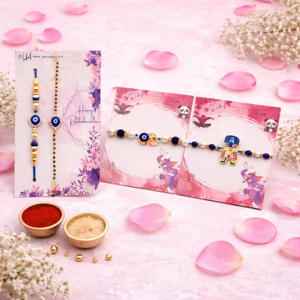 JAIPUR ACE Raksha Bandhan Gift Combo with 2 Kids Printed Water Bottles and 2 Rakhi Set Om Evil Eye and Shiva Rudraksha Rakhi 