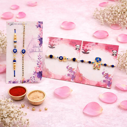 JAIPUR ACE Raksha Bandhan Gift Combo with 2 Kids Printed Water Bottles and 2 Rakhi Set Om Evil Eye and Shiva Rudraksha Rakhi 