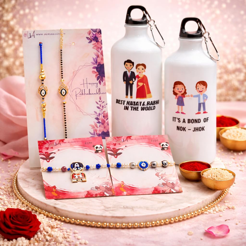 JAIPUR ACE Raksha Bandhan Gift Combo with 2 Kids Printed Water Bottles and 2 Rakhi Set Om Evil Eye and Shiva Rudraksha Rakhi 