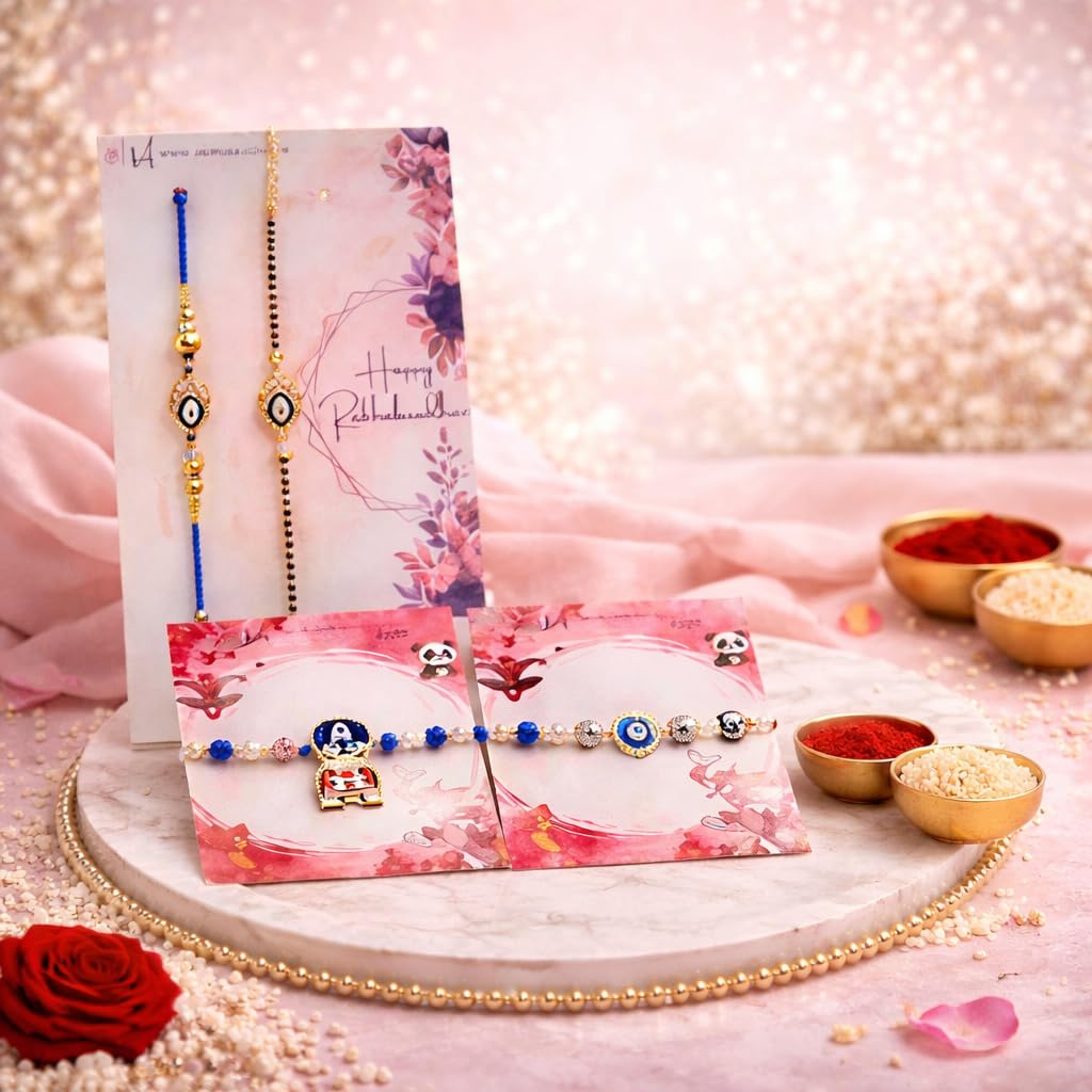 JAIPUR ACE Raksha Bandhan Gift Combo with 2 Kids Printed Water Bottles and 2 Rakhi Set Om Evil Eye and Shiva Rudraksha Rakhi 