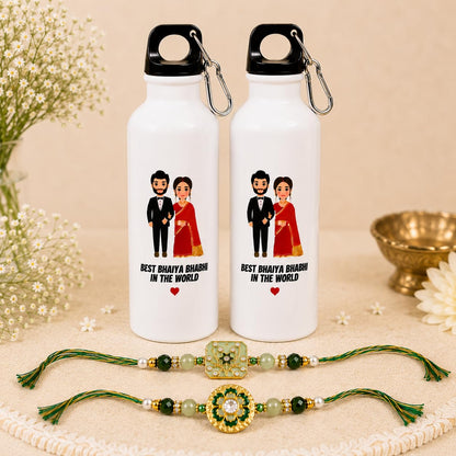 JAIPUR ACE Raksha Bandhan Gift Combo with 2 Kids Printed Water Bottles and 2 Rakhi Set Om Evil Eye and Shiva Rudraksha Rakhi 