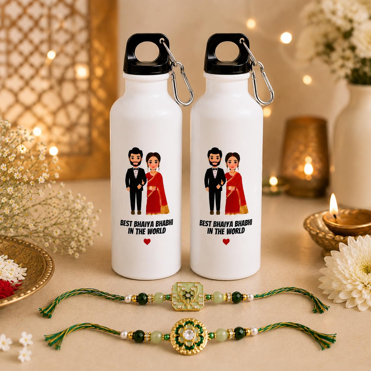 JAIPUR ACE Raksha Bandhan Gift Combo with 2 Kids Printed Water Bottles and 2 Rakhi Set Om Evil Eye and Shiva Rudraksha Rakhi 