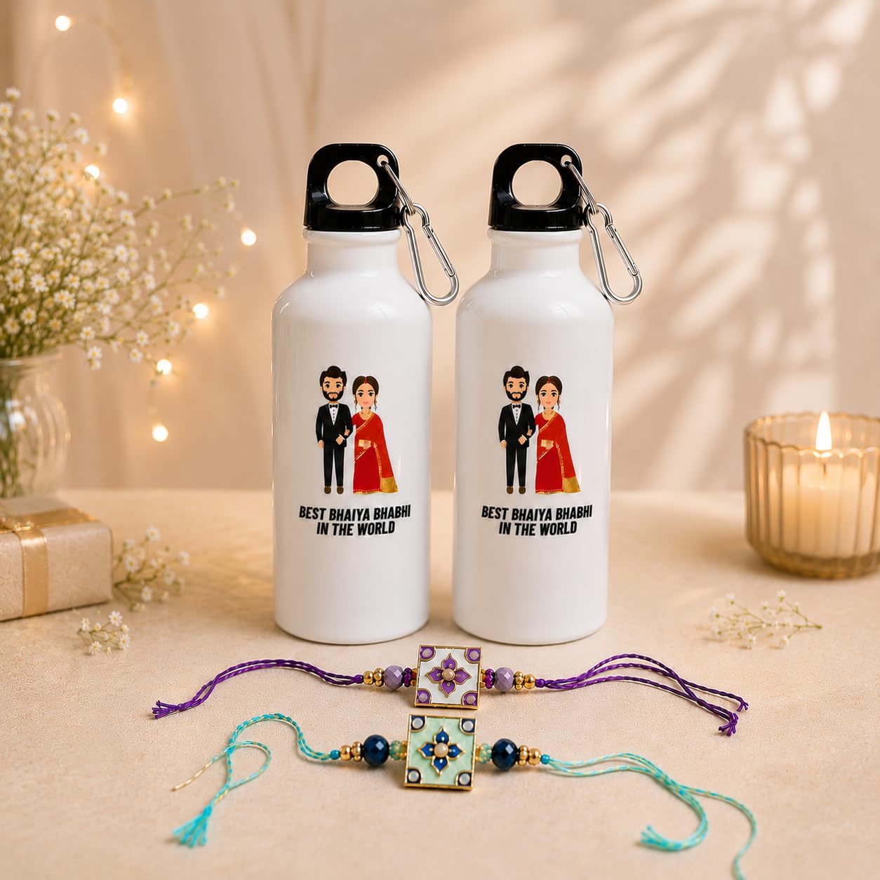 JAIPUR ACE Raksha Bandhan Gift Combo with 2 Kids Printed Water Bottles and 2 Rakhi Set Om Evil Eye and Shiva Rudraksha Rakhi 