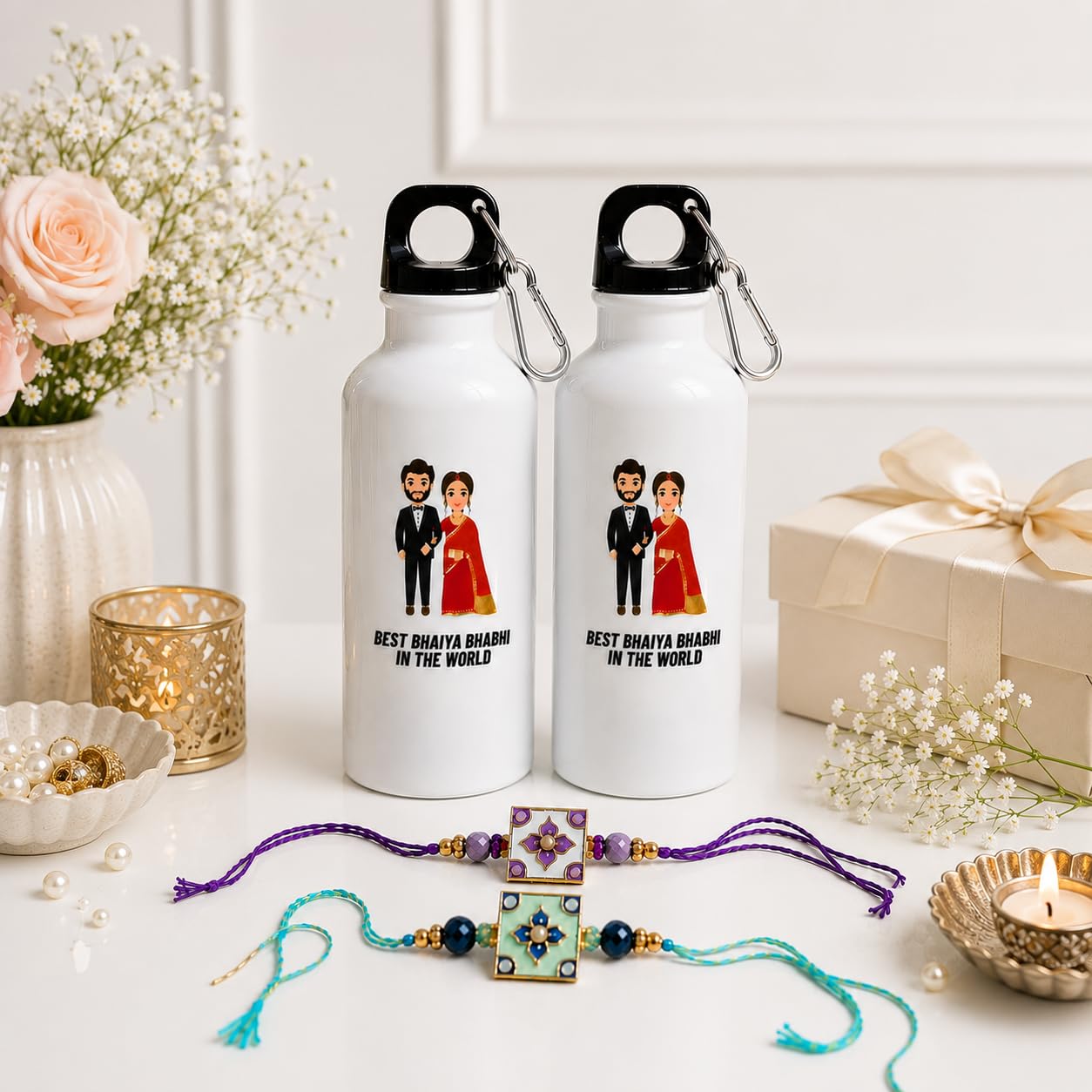 JAIPUR ACE Raksha Bandhan Gift Combo with 2 Kids Printed Water Bottles and 2 Rakhi Set Om Evil Eye and Shiva Rudraksha Rakhi 